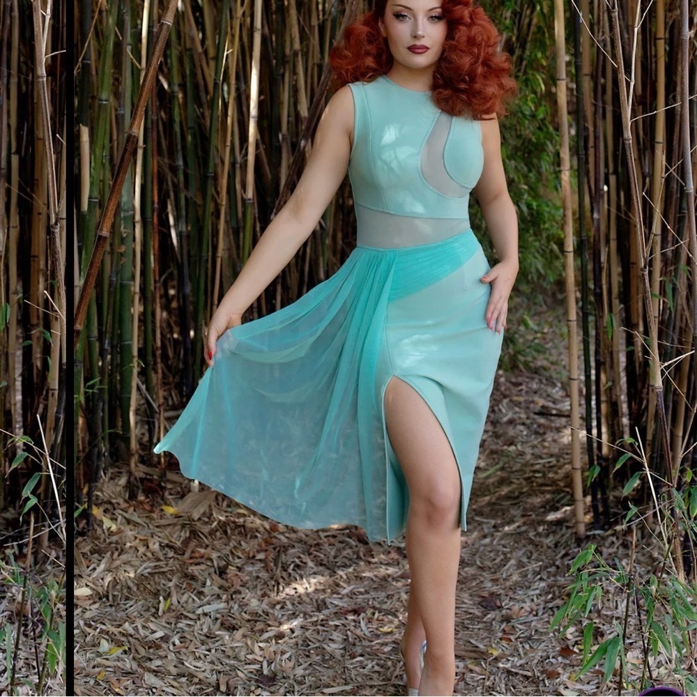 Weasel Wear Pinup Dress Water Cascading Bandage Aqua Mermaid Sheer Pencil XS - Picture 13 of 14